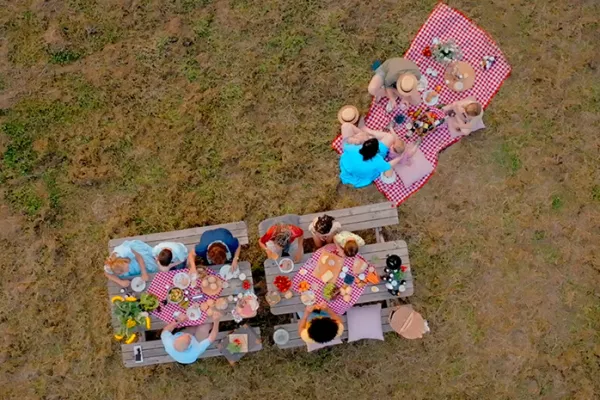 Topshot van gezinnen die aan het picknicken zijn in West-Vlaanderen.
