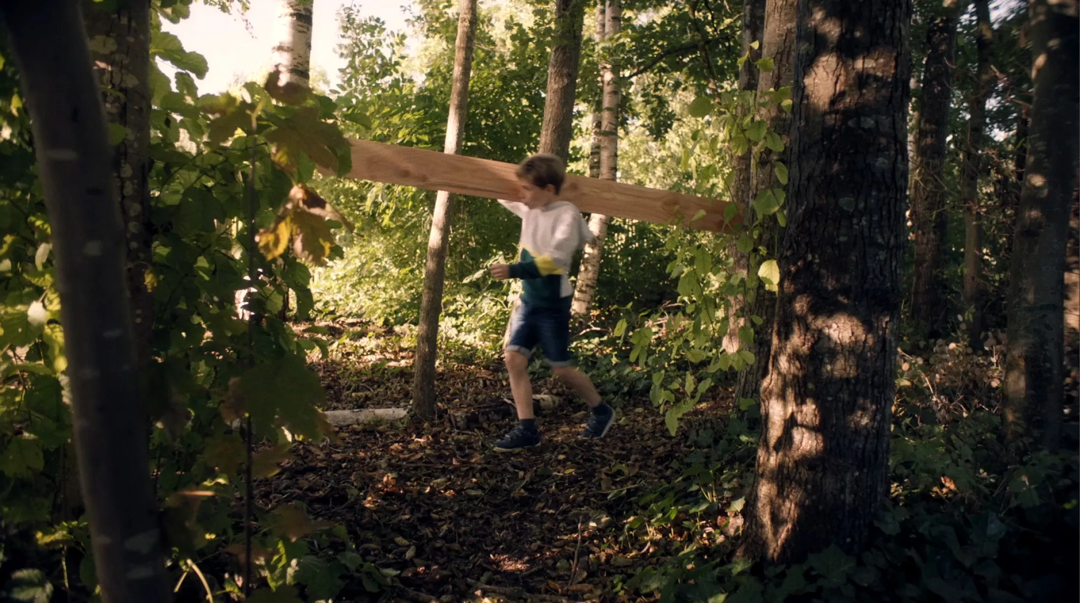 Een jongen wandelt in een bos met een groot stuk hout.