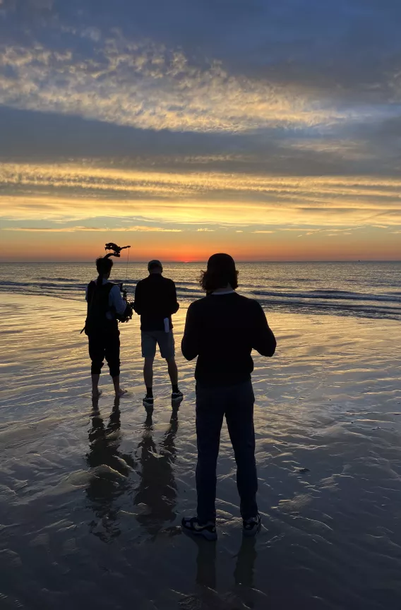 Crew op het strand van Oostende met zonsondergang.